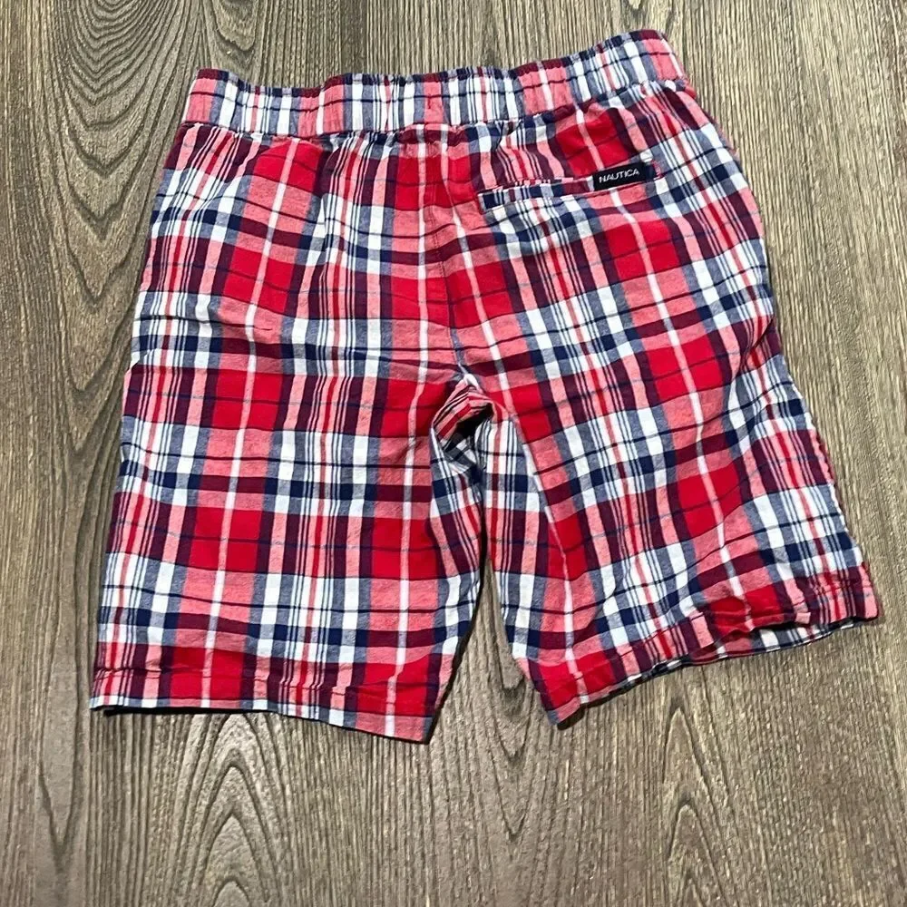 Nautica Boys Youth Plaid Straight-Fit Poplin Flat-Front Shorts Checked Red L/14